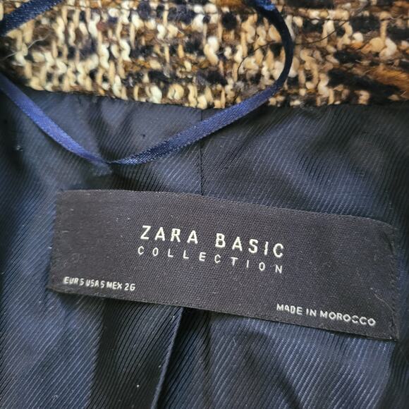 Zara Size S Tweed Double Breasted Wool Blend Marled Brown Black Jacket - Picture 8 of 11